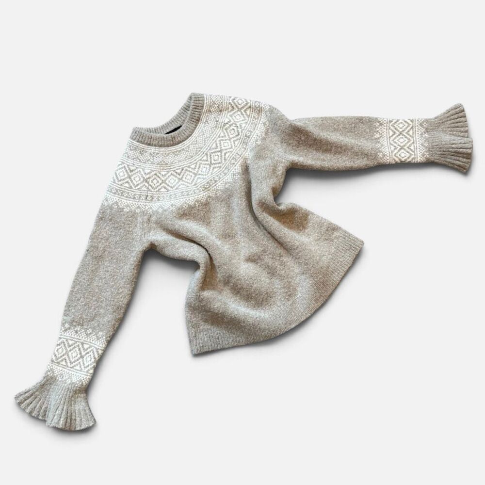 J Crew Merino Wool Blend Tan Fair Isle Sweater XS Flare Bell Ruffle
